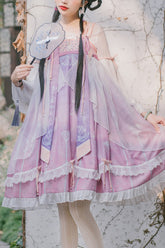 Éléments Han chinois originaux améliorés Impression de lotus douce Robe Hanfu Ensemble complet